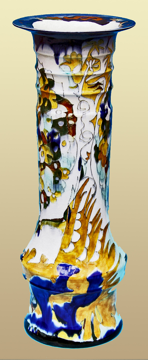 Nr.: 272, Reeds verkocht : sieraardewerk van Rozenburg, Omschrijving: colenbrander Plateel Vaas, Hoog 44 cm, Diameter 16 cm, Periode: Jaar 1885, WFG 